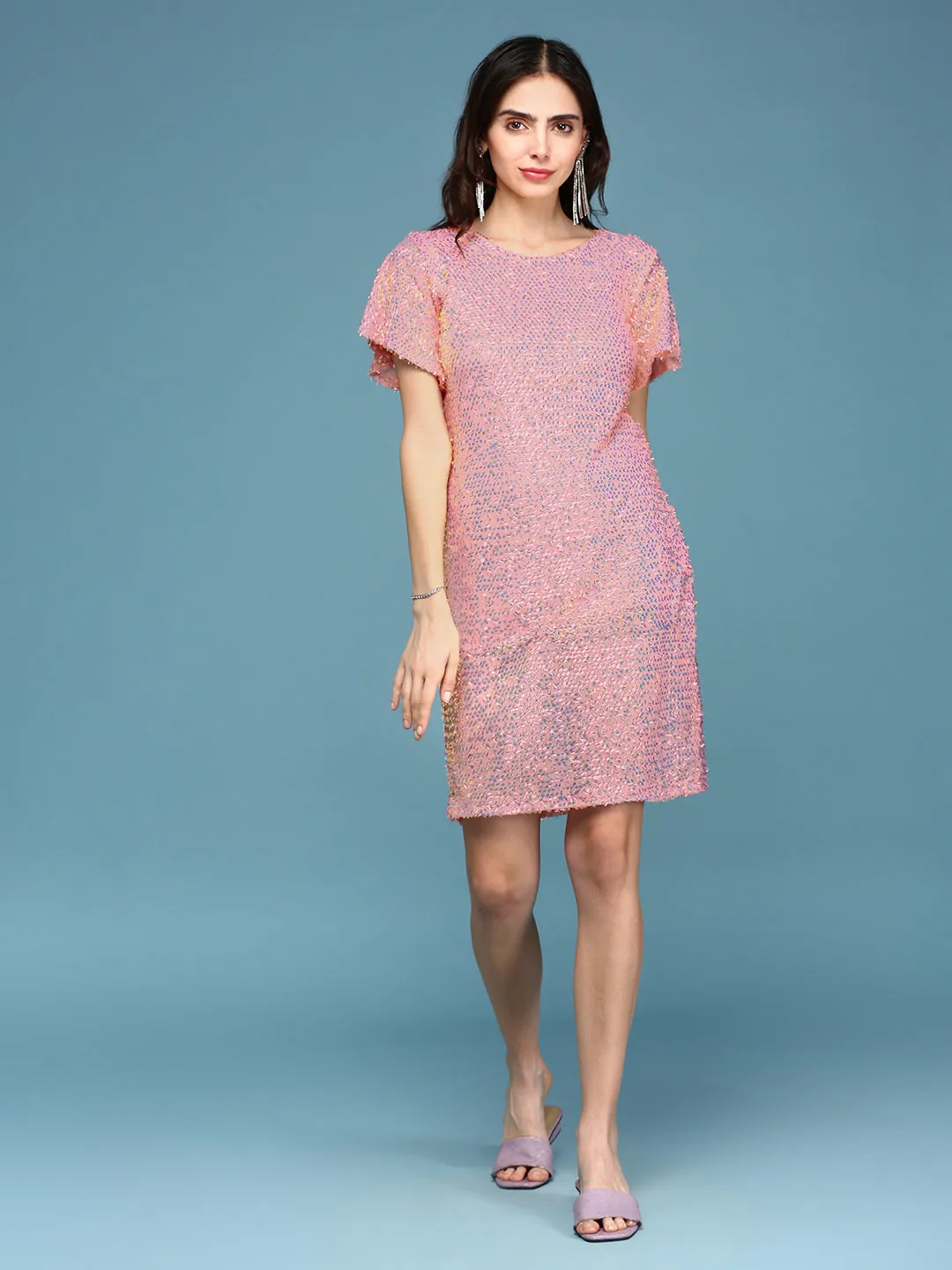 Women's Peach Embellished Flared Sleeves Sequinned A-Line Mini Dress Unlined Look Cool Look