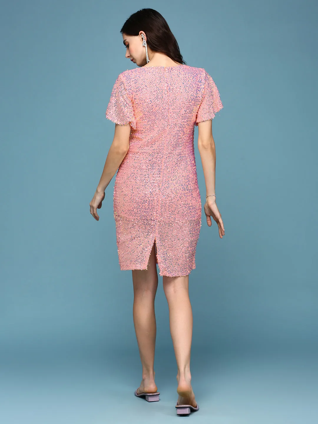 Evening Tone Versatile Wearable Women's Peach Embellished Flared Sleeves Sequinned A-Line Mini Dress