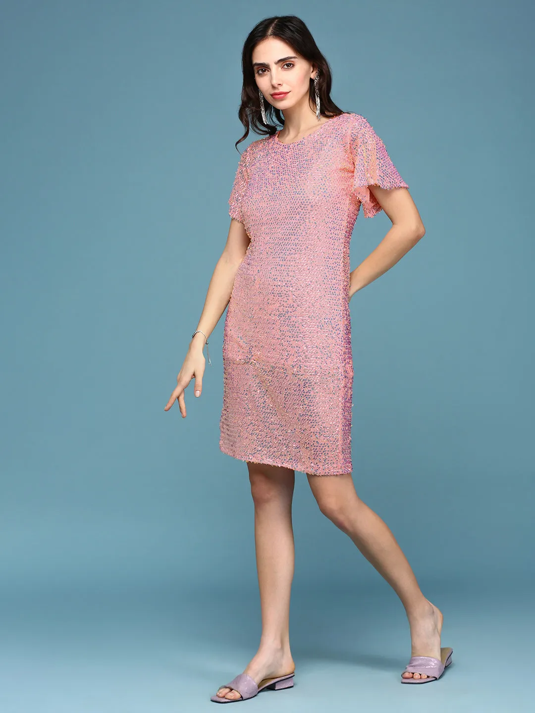 Women's Peach Embellished Flared Sleeves Sequinned A-Line Mini Dress Anniversary-Event Light Wear