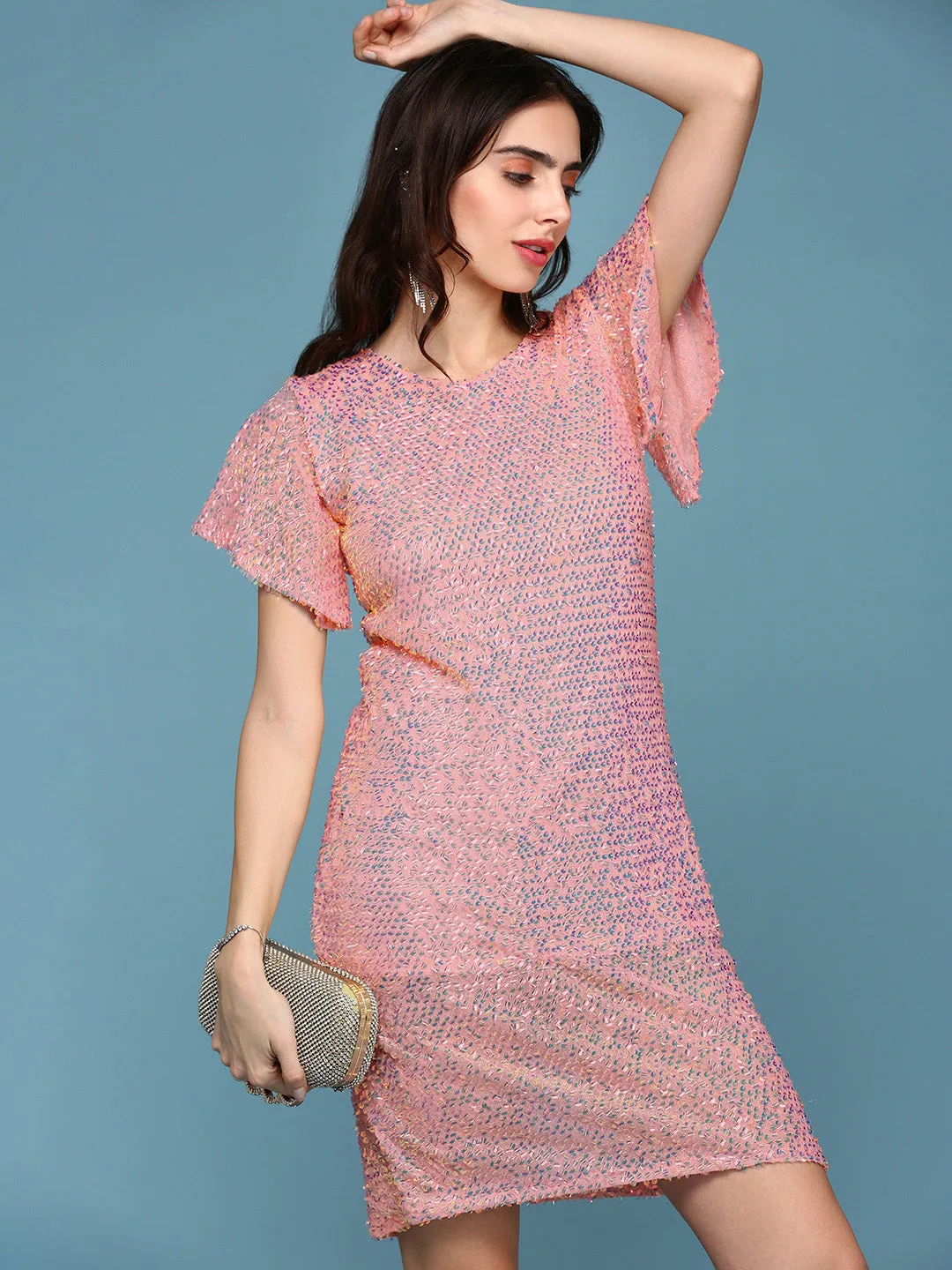 Joy Glow Women's Peach Embellished Flared Sleeves Sequinned A-Line Mini Dress