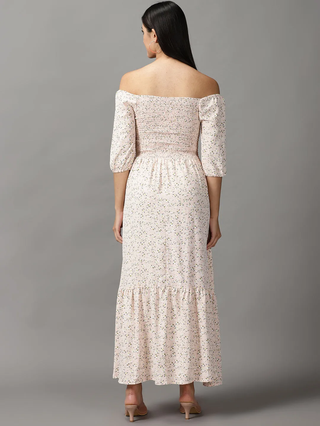 Women's Peach Floral Off-Shoulder Chiffon Fit and Flare Dress Sweetheart-Neck Versatile-Style