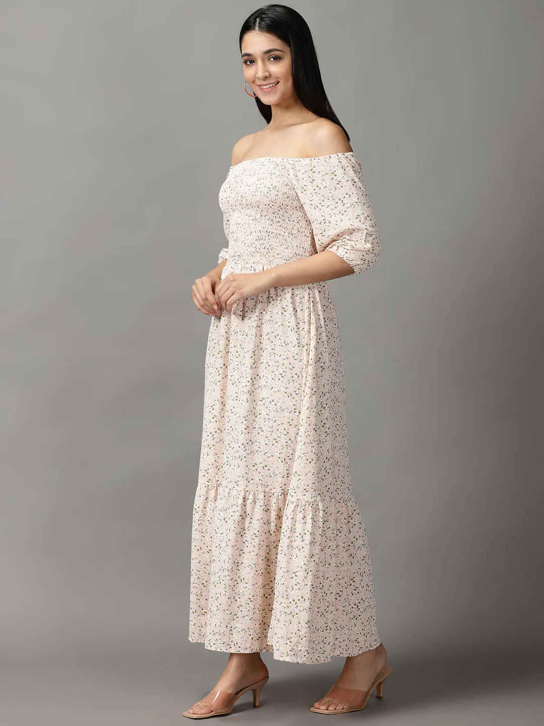 Chic Silhouette Women's Peach Floral Off-Shoulder Chiffon Fit and Flare Dress