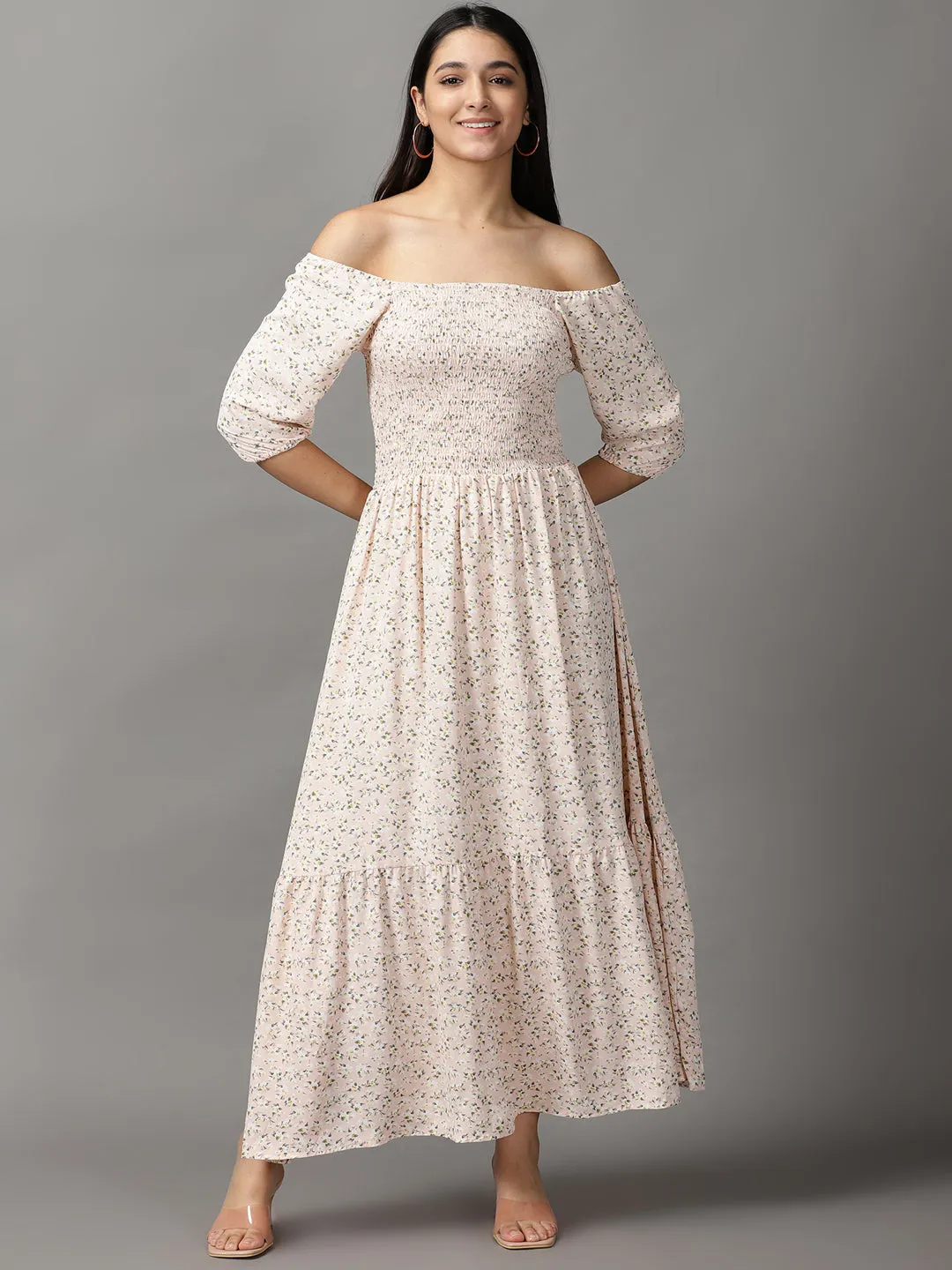 Shore Time Travel-friendly Women's Peach Floral Off-Shoulder Chiffon Fit and Flare Dress