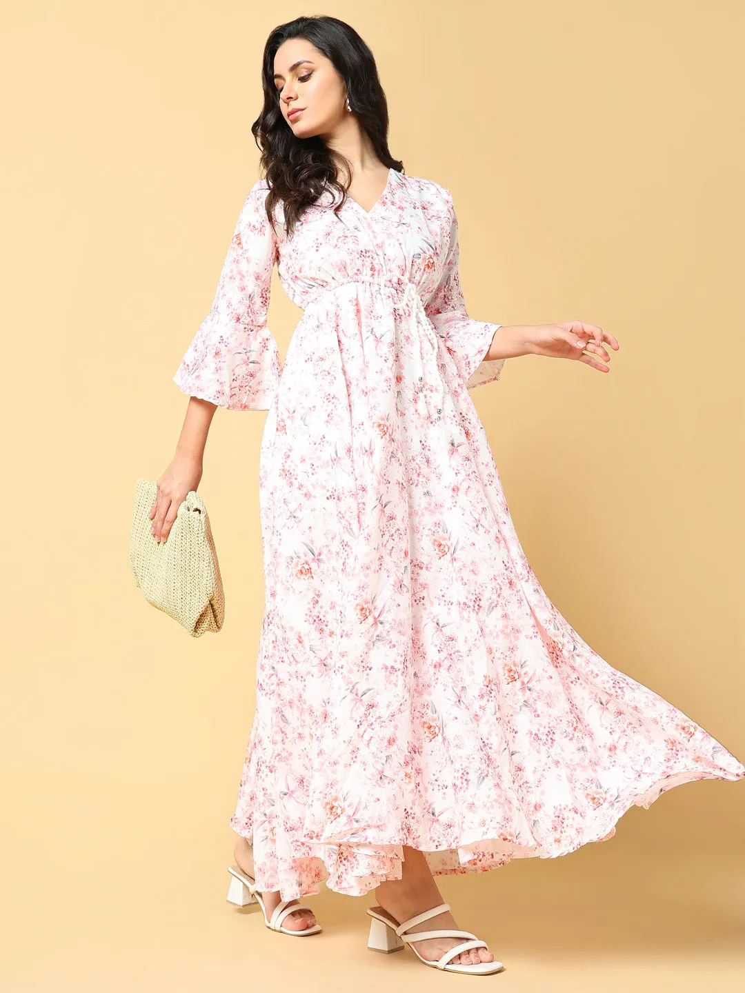 Shape Hug Women's Peach Floral Print Bell Sleeve Fit & Flare Maxi Dress
