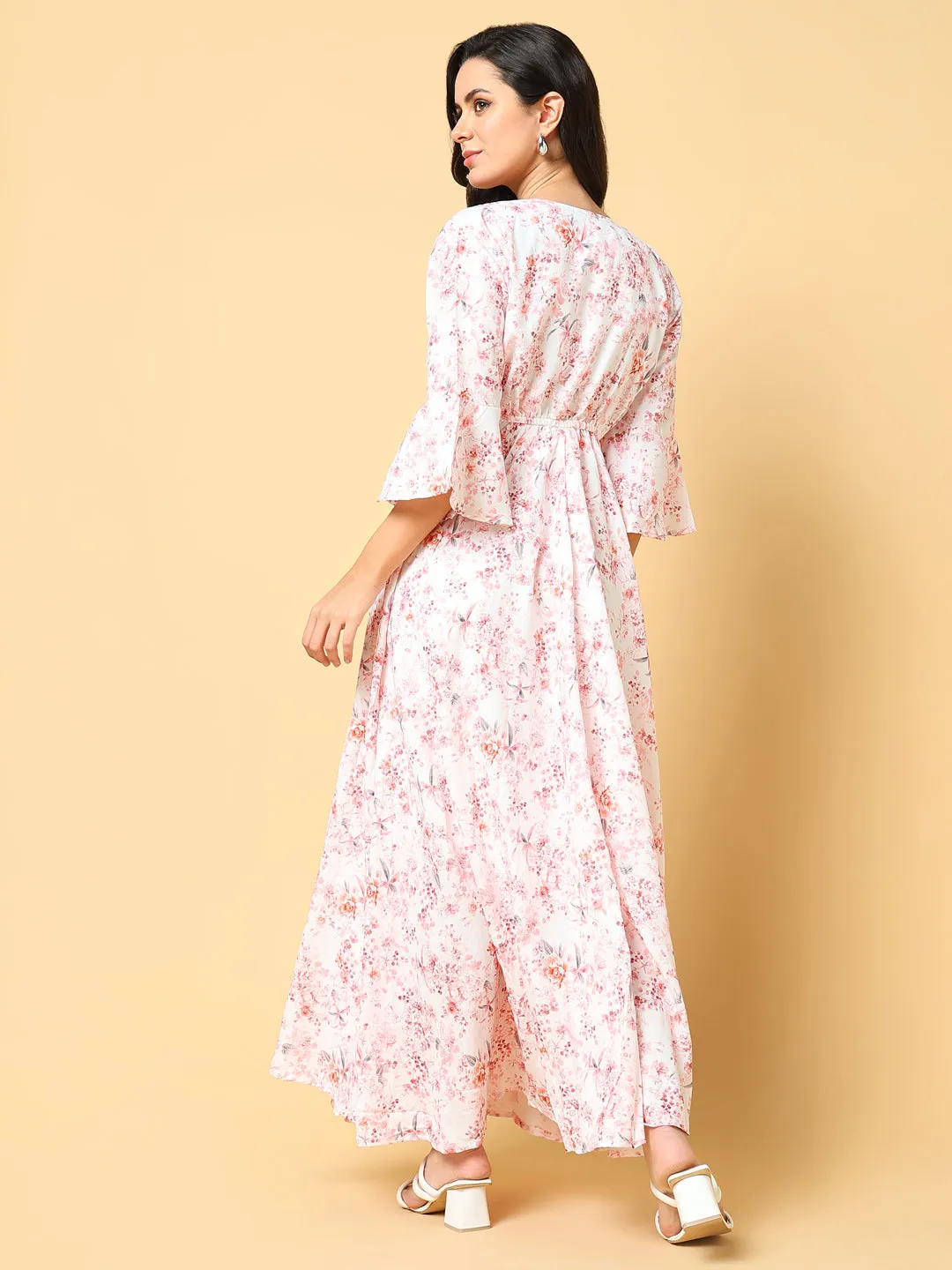 Nordic Plain Saturated Hue Women's Peach Floral Print Bell Sleeve Fit & Flare Maxi Dress