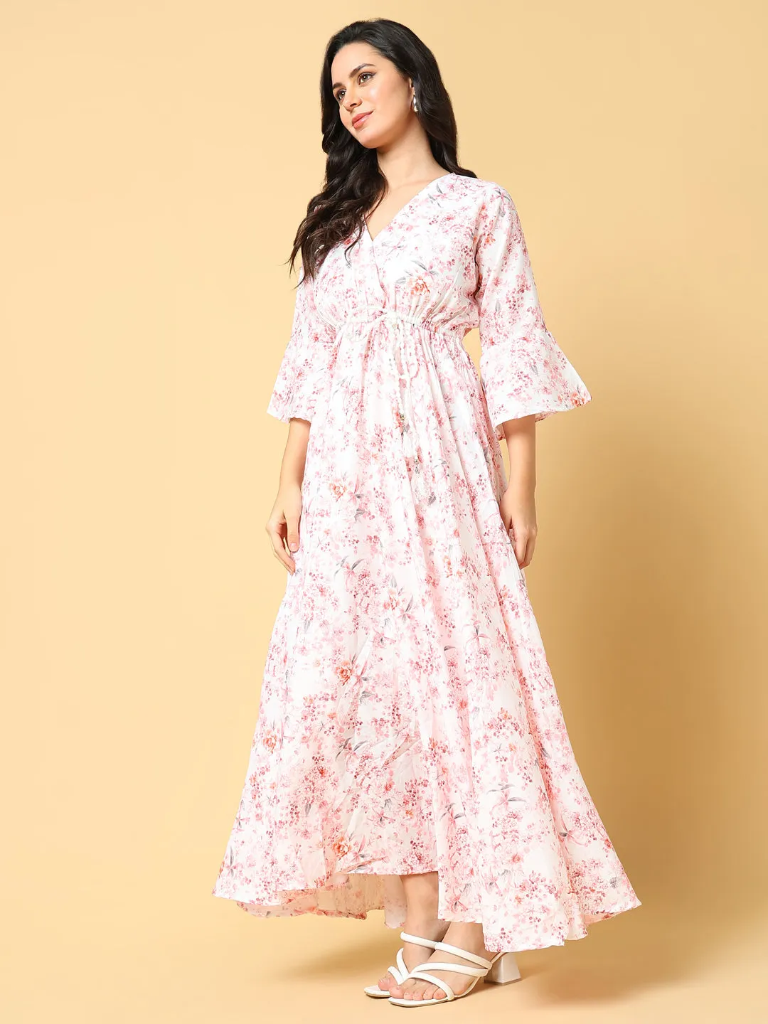 Button Accent Knit Warm Women's Peach Floral Print Bell Sleeve Fit & Flare Maxi Dress