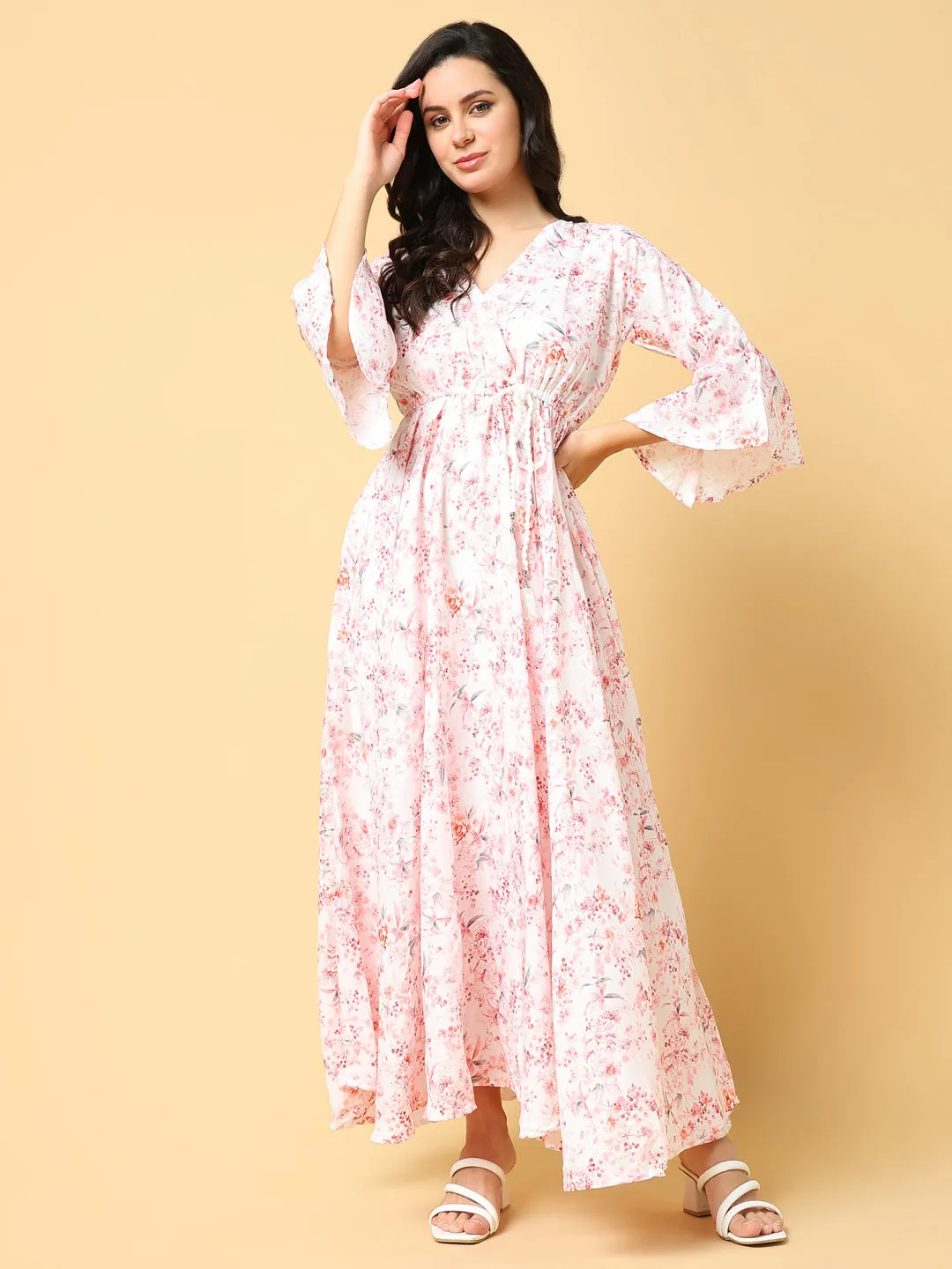 Women's Peach Floral Print Bell Sleeve Fit & Flare Maxi Dress Fine Texture Bold Movement