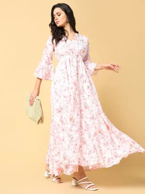 Shape Hug Women's Peach Floral Print Bell Sleeve Fit & Flare Maxi Dress