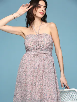 Women's Peach Floral Printed Gathered Ruched Fit & Flare Dress Mid layer