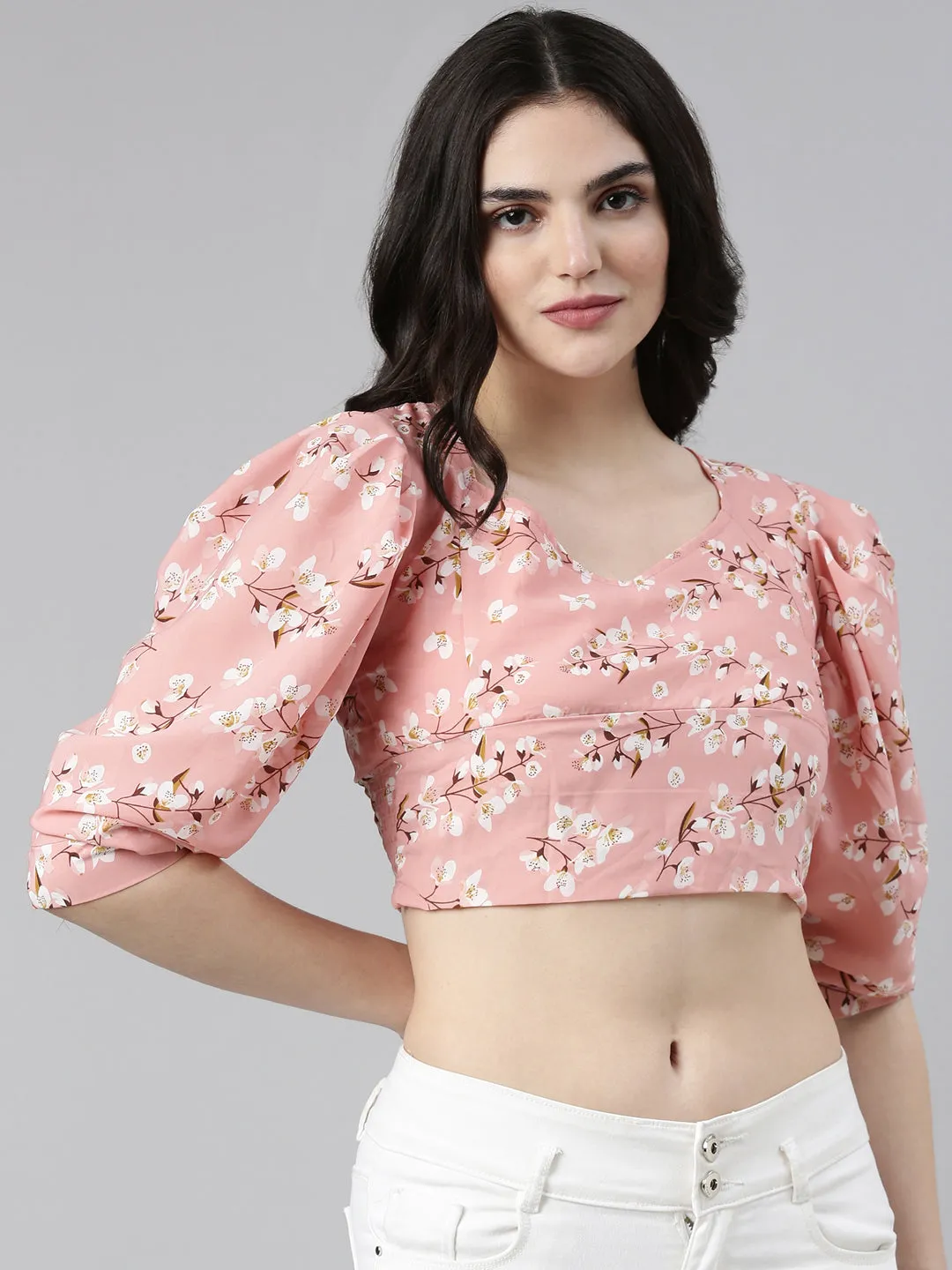 Women's Peach Floral Printed Puff Sleeve Smocking Chiffon Crop Top Active Trend Lightweight Comfort Wear