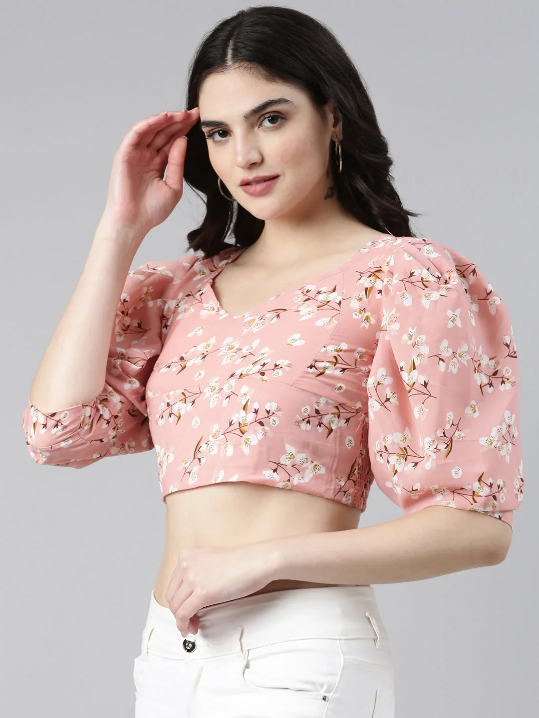 Women's Peach Floral Printed Puff Sleeve Smocking Chiffon Crop Top VintageWashEffect Perfect for Workouts