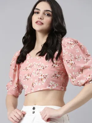 Timeless Must-Have Flexible Shoulder Seams Women's Peach Floral Printed Puff Sleeve Smocking Chiffon Crop Top