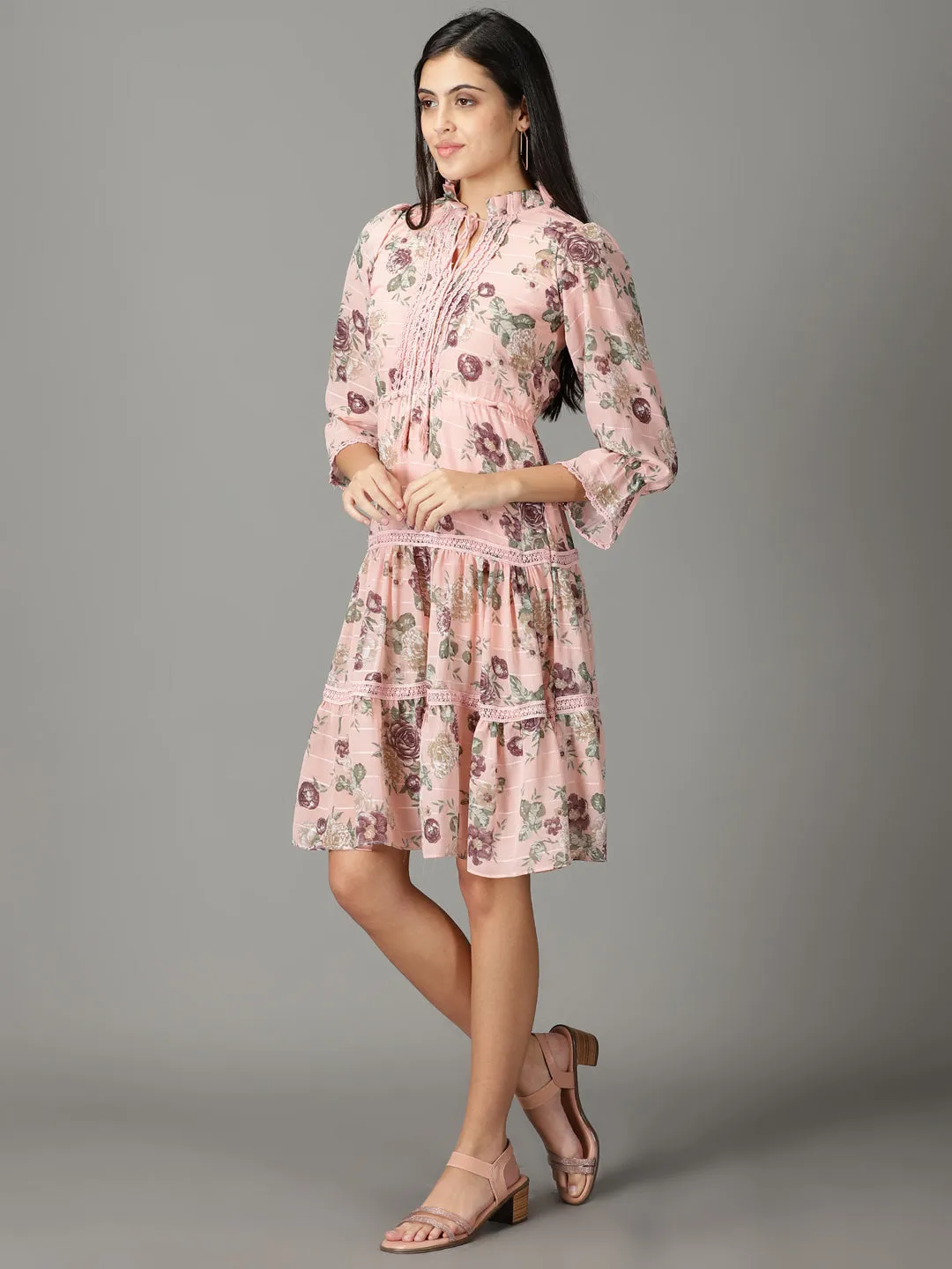 Smart Design Women's Peach Floral Printed Tie-Up Neck Fit & Flare Dress