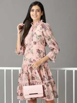 Clean Style Women's Peach Floral Printed Tie-Up Neck Fit & Flare Dress