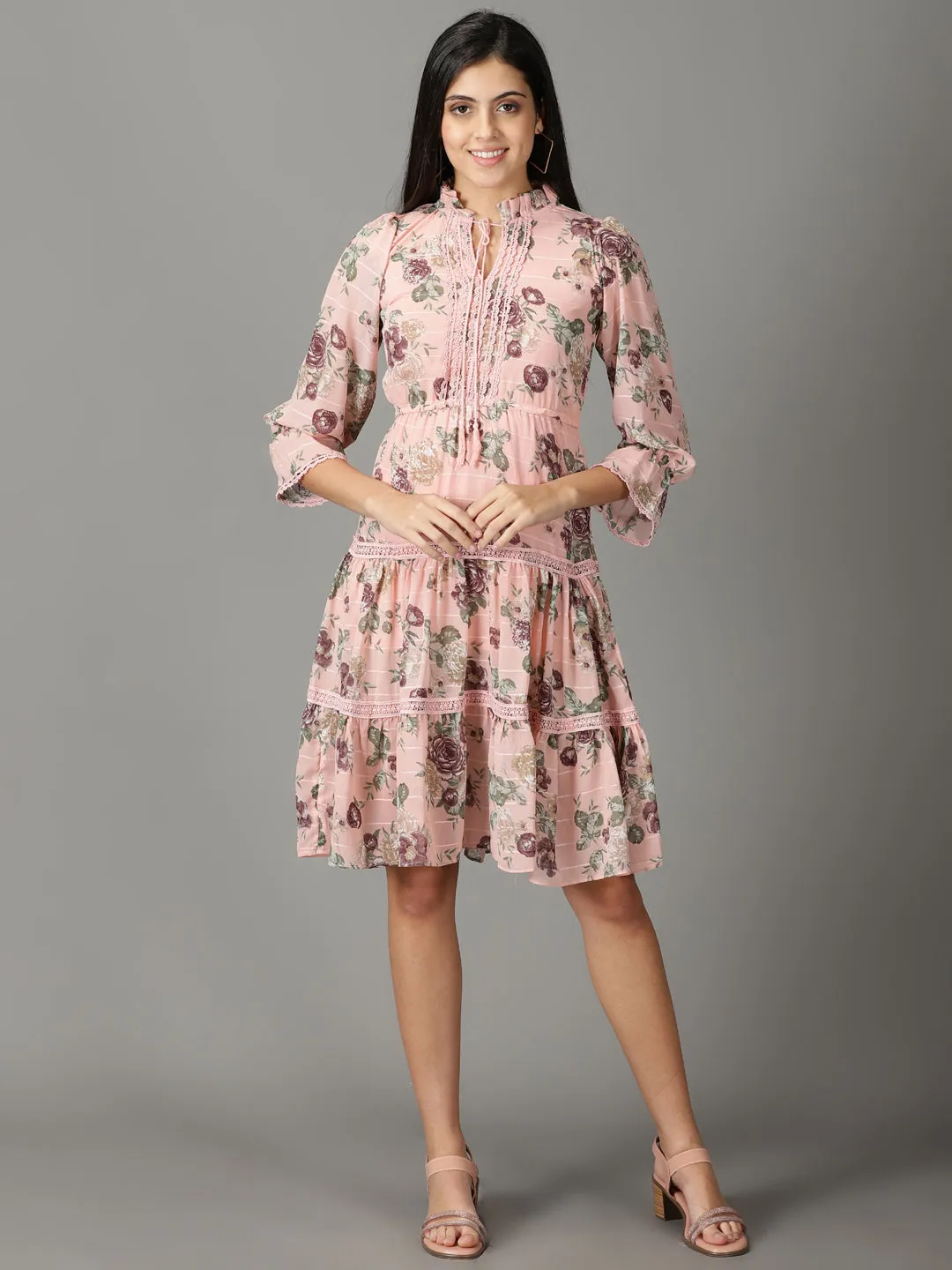 Winter Wrap Youthful Style Women's Peach Floral Printed Tie-Up Neck Fit & Flare Dress