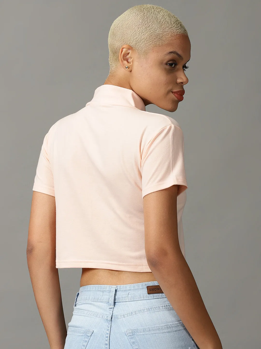 Women's Peach High Neck Short Sleeves Crop Top Anti Static Treatment