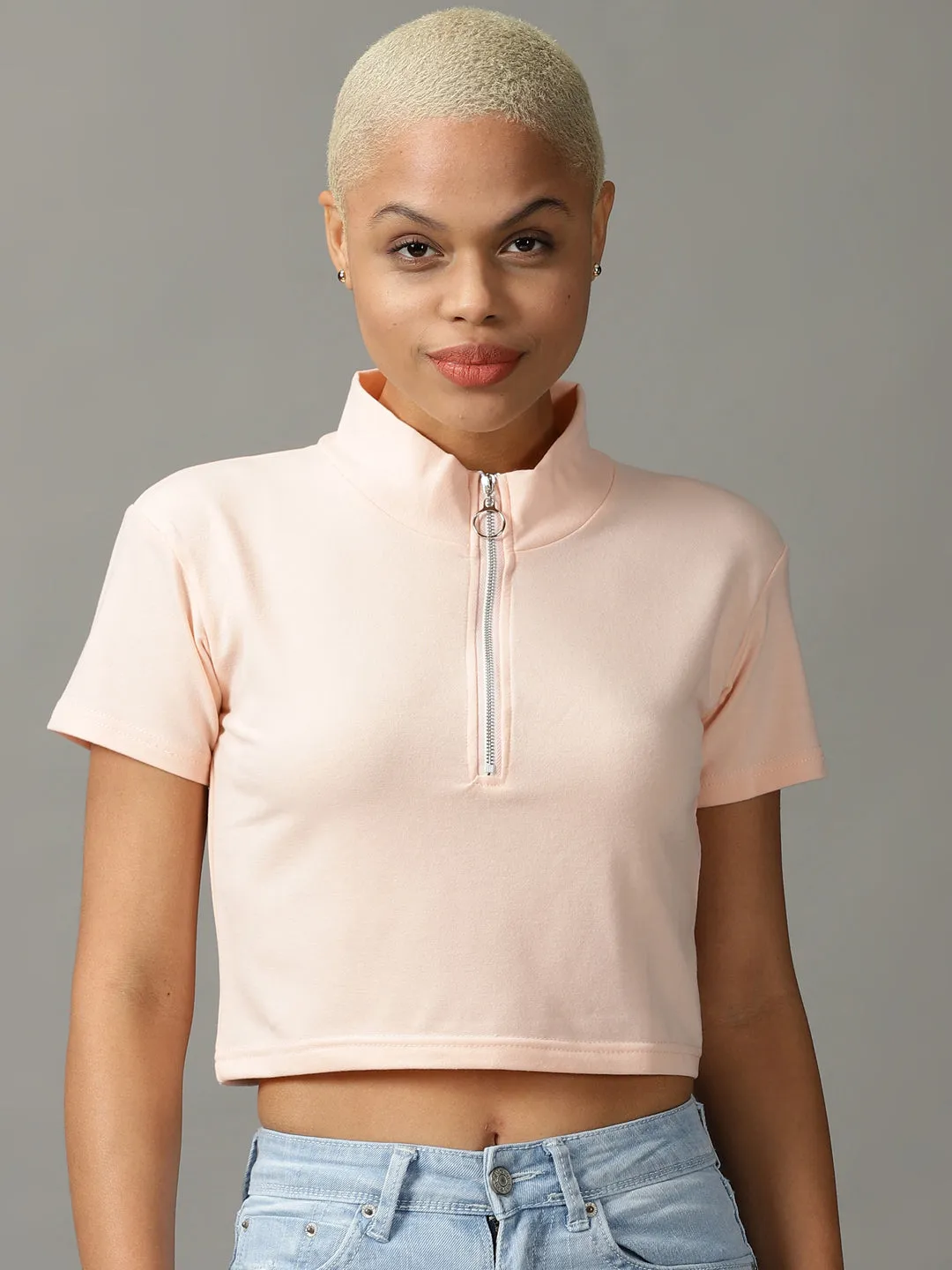 Women's Peach High Neck Short Sleeves Crop Top Vibrant Colors