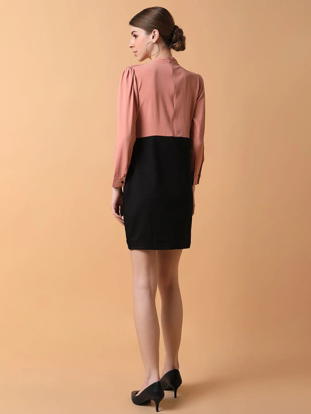 Women's Peach Long Sleeves Sheath Dress Celebration Wear Skin Tone