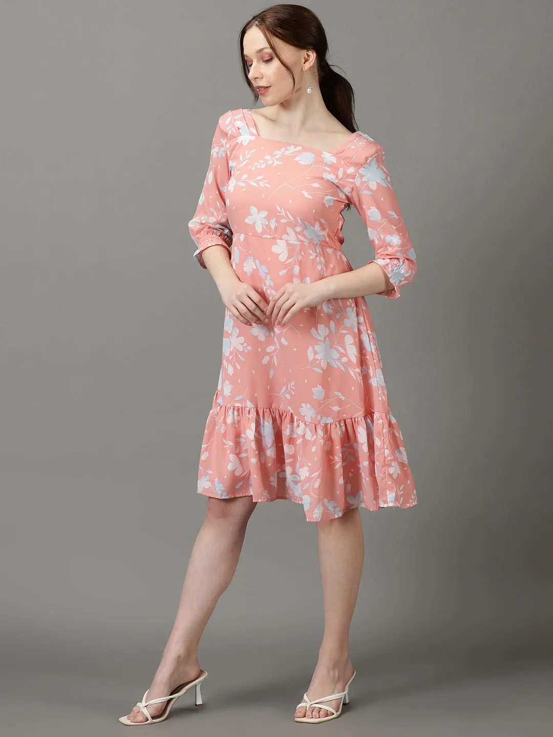 Women's Peach Square Neck Floral Printed Crepe Fit & Flare Dress Subtle Motion