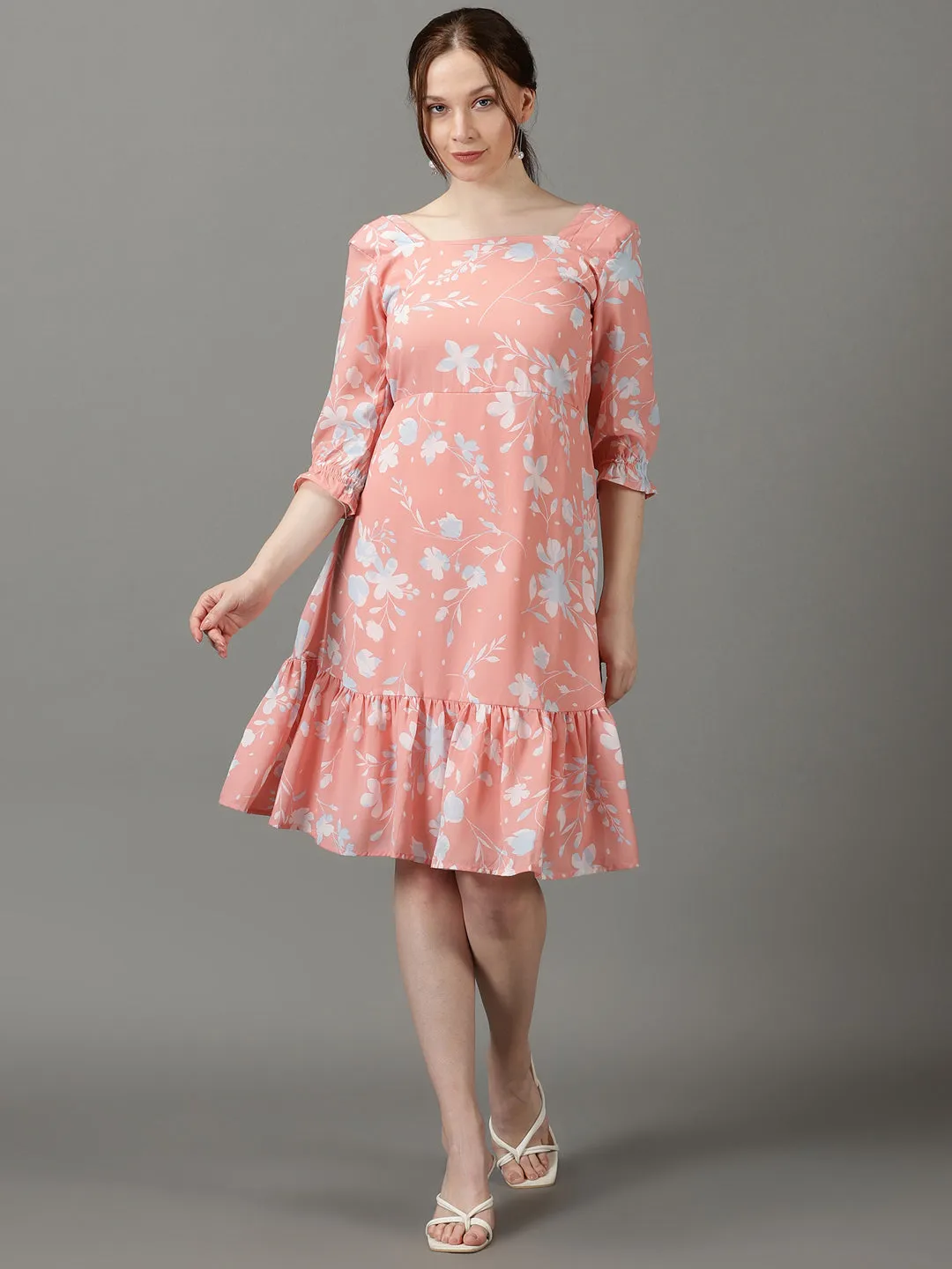 Women's Peach Square Neck Floral Printed Crepe Fit & Flare Dress Water-resistant