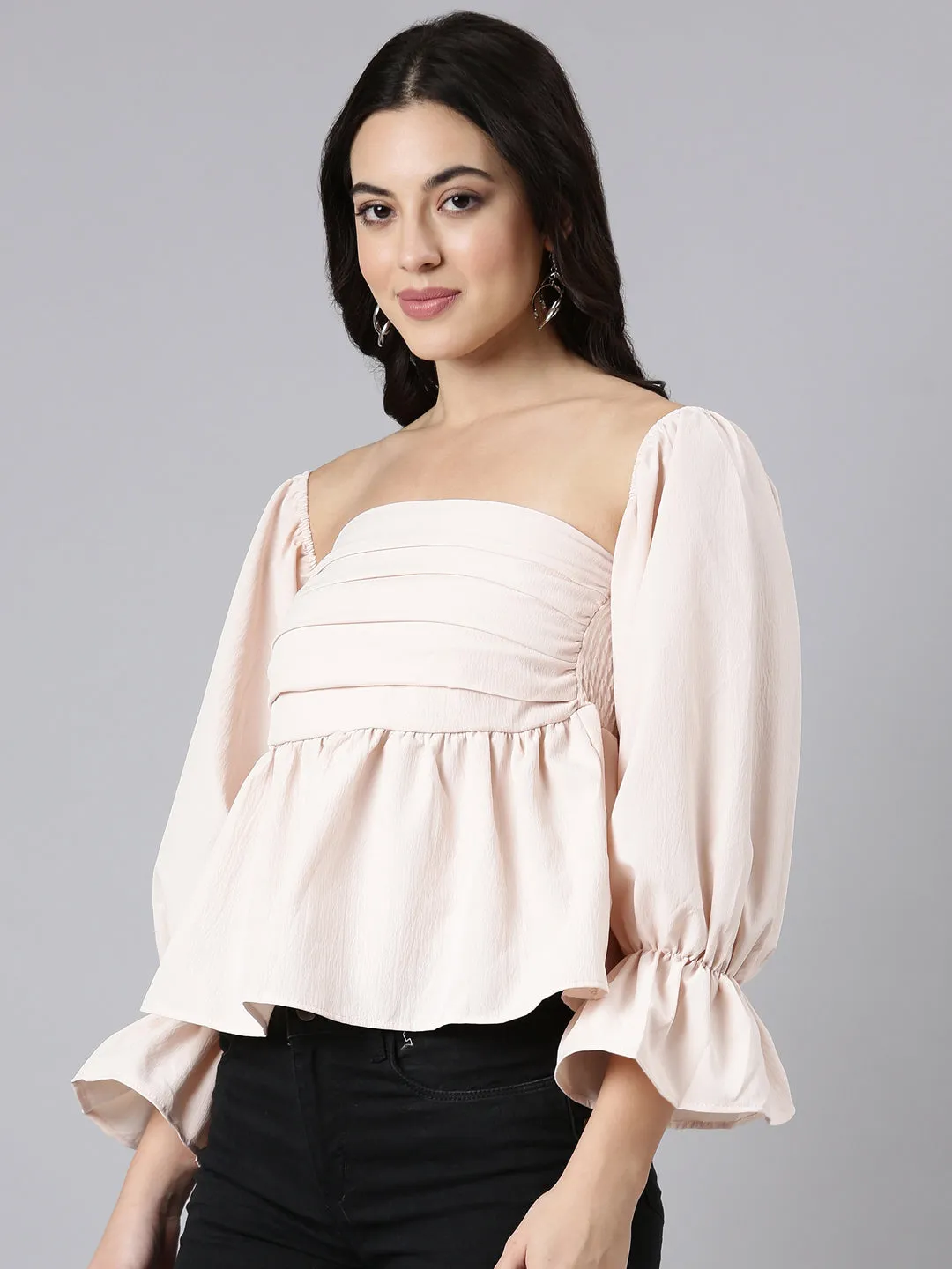 Holiday Casual Cozy Fit Women's Peach Square Neck Puff Sleeve Crop Top
