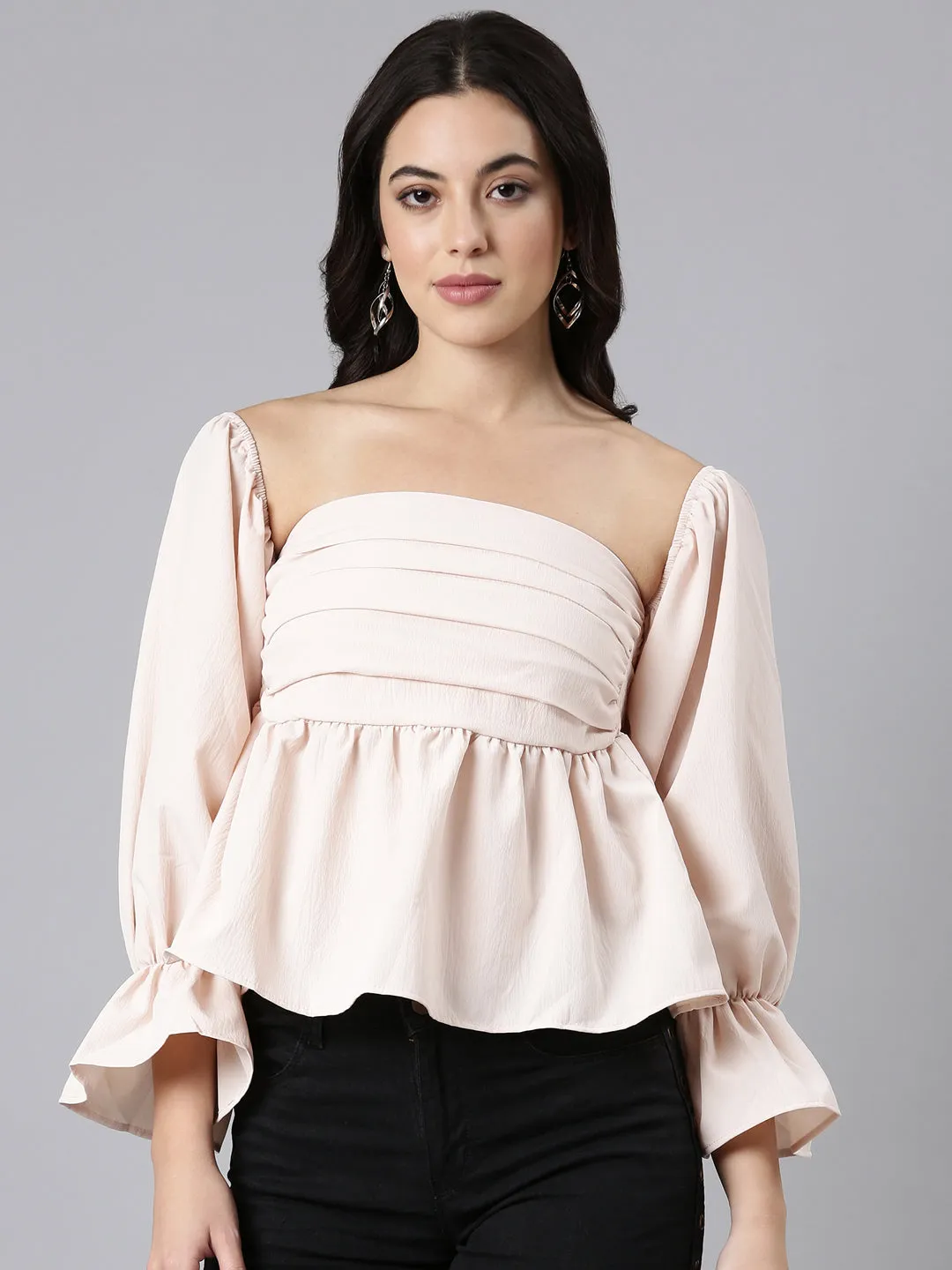 Perfect Fit Wear Women's Peach Square Neck Puff Sleeve Crop Top