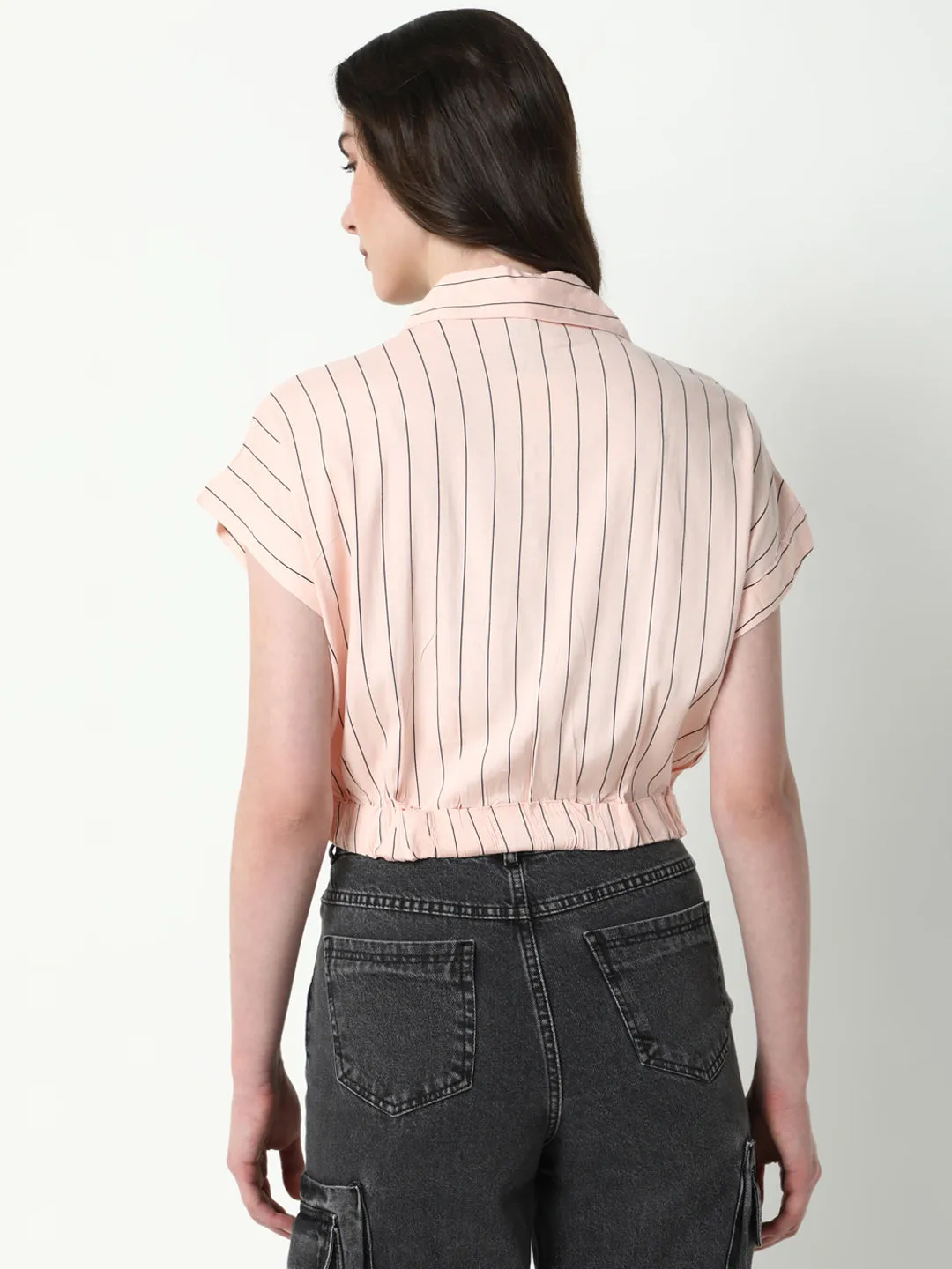 Ethically Sourced Materials Women's Peach Striped Extended Sleeves Shirt Style Crop Top