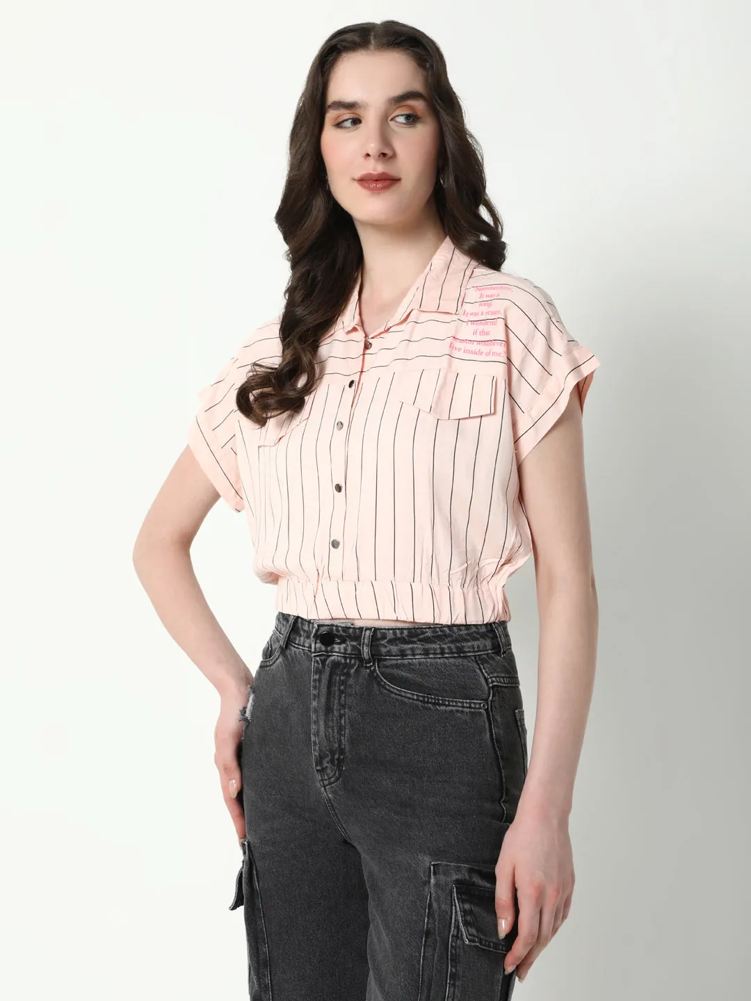Women's Peach Striped Extended Sleeves Shirt Style Crop Top Seasonal Must-Have