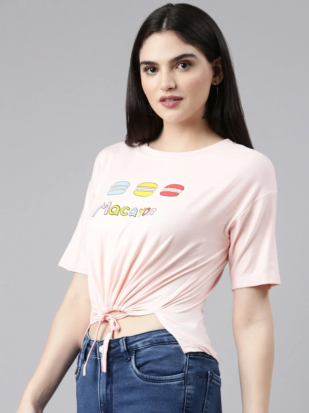 Women's Peach Typography Printed Cotton Crop Top Modern and Soft Relaxed Waist