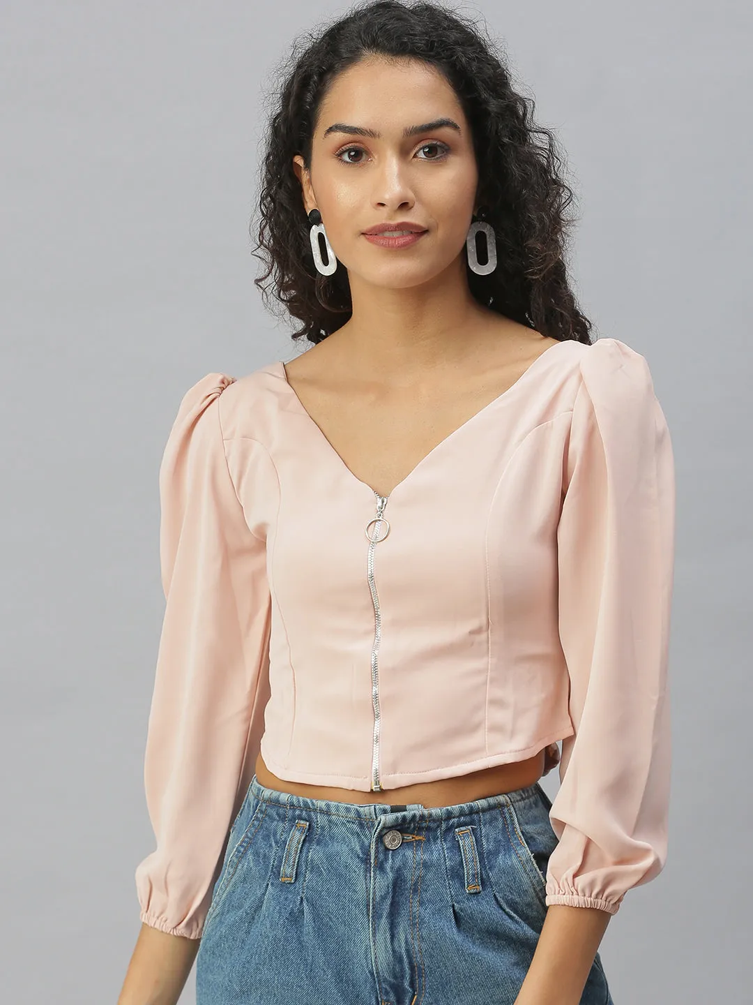 Women's Peach V-Neck Crepe Crop Top Quick Layer Fit