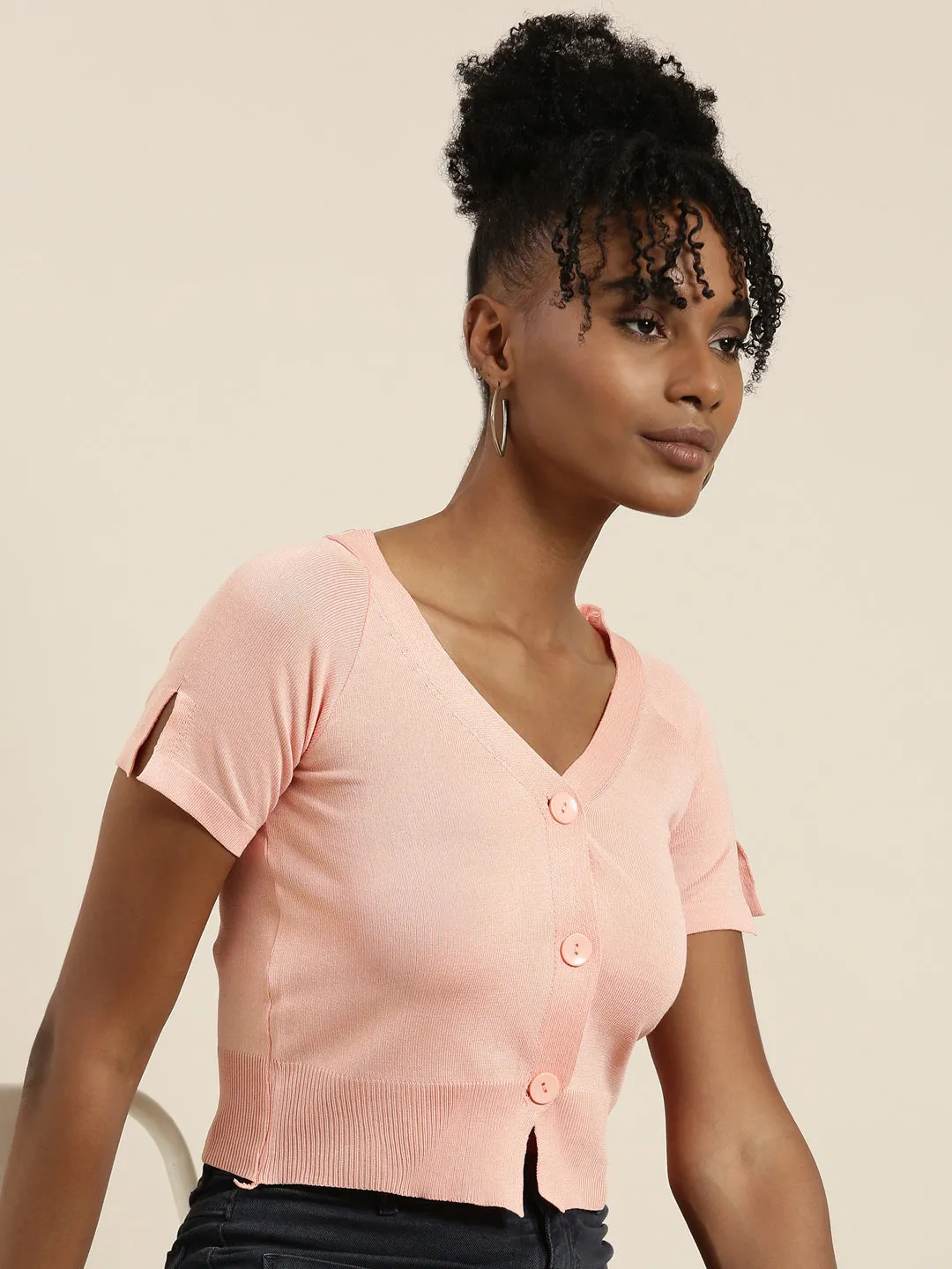 Antibacterial Treatment Flexible Ribbed Cuffs Women's Peach V-Neck Ribbed Crop Top