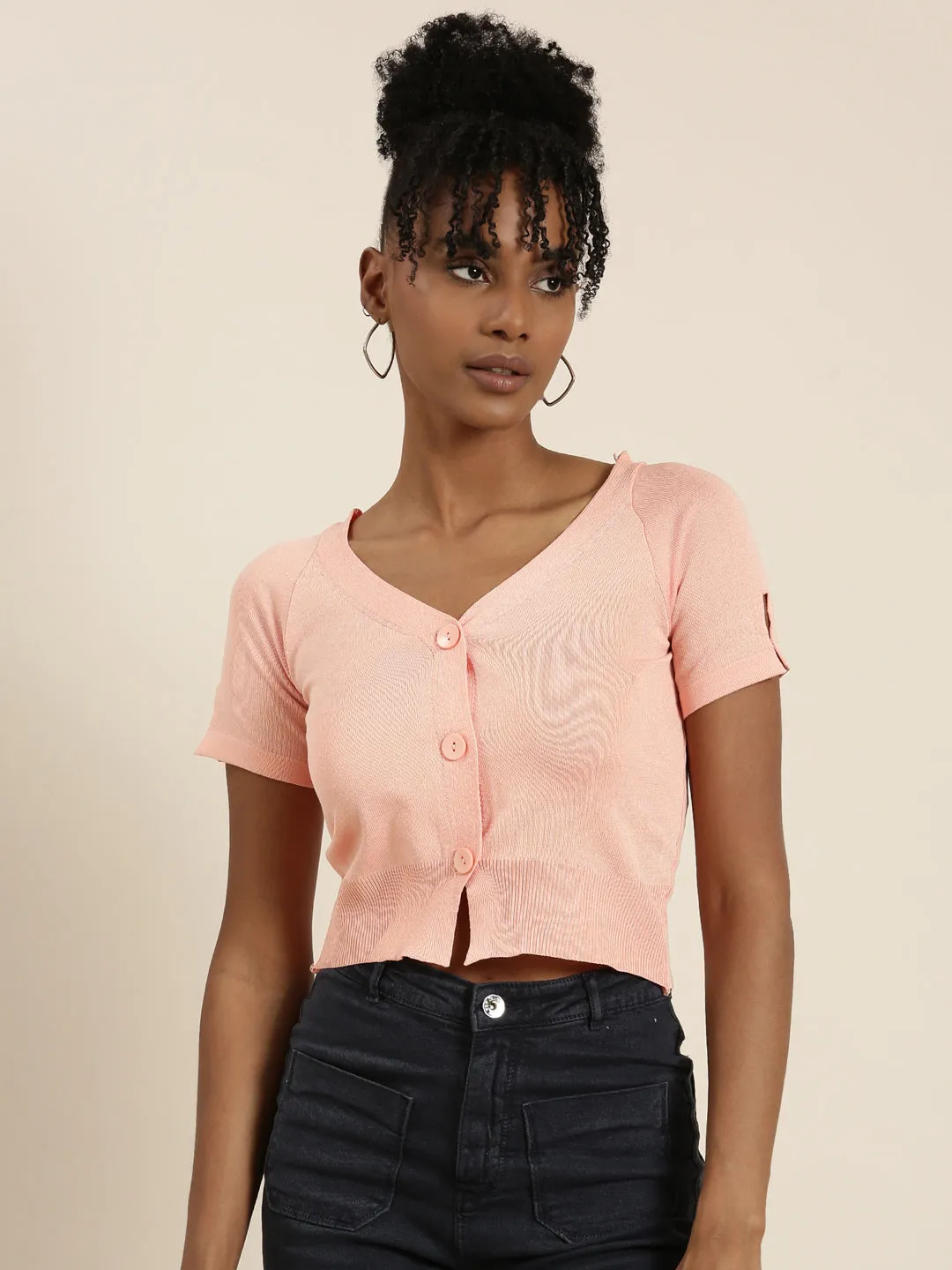 Chic Cut polo neck Women's Peach V-Neck Ribbed Crop Top