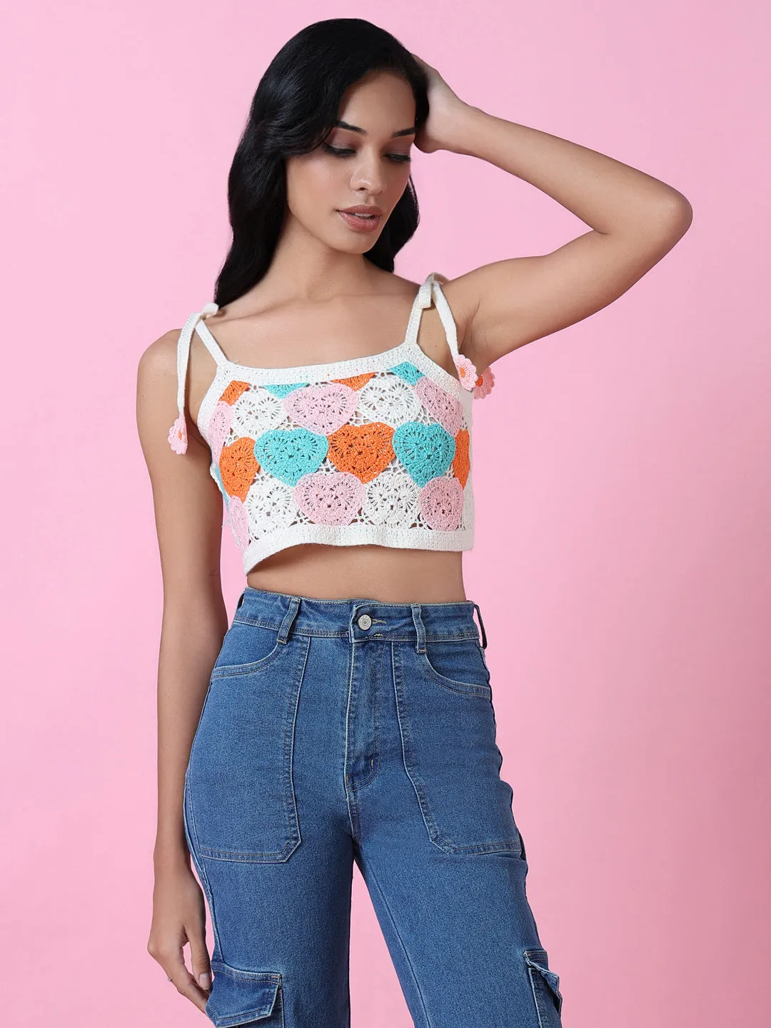 Low Impact Processing Women's Pink Crochet Crop Top