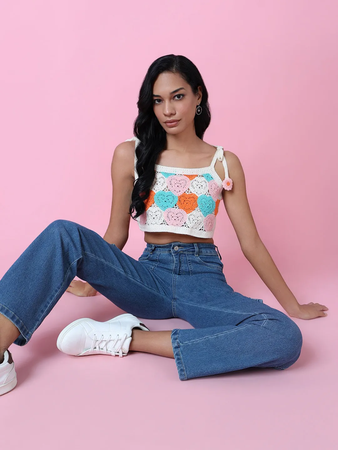 Sustainable production Women's Pink Crochet Crop Top