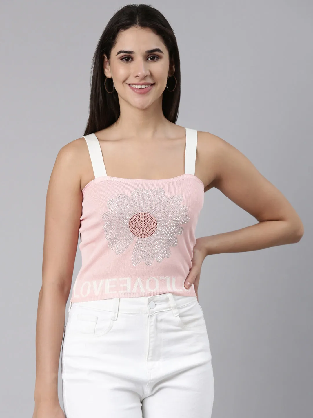 Active Design Women's Pink Embellished Acrylic Sleeveless Crop Top
