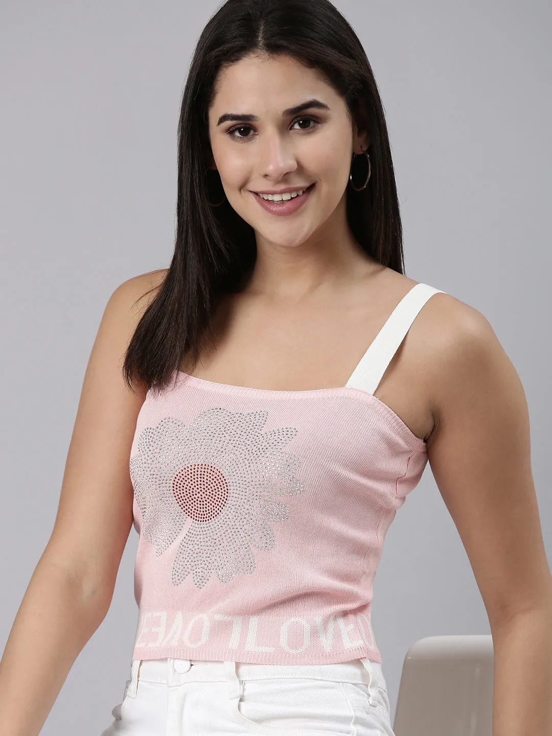 Women's Pink Embellished Acrylic Sleeveless Crop Top Versatile Fashion