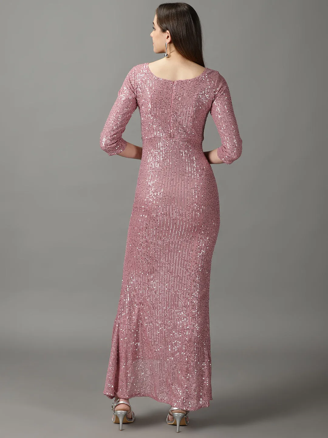 Women's Pink Embellished Sheath Midi Dress Trend Fit