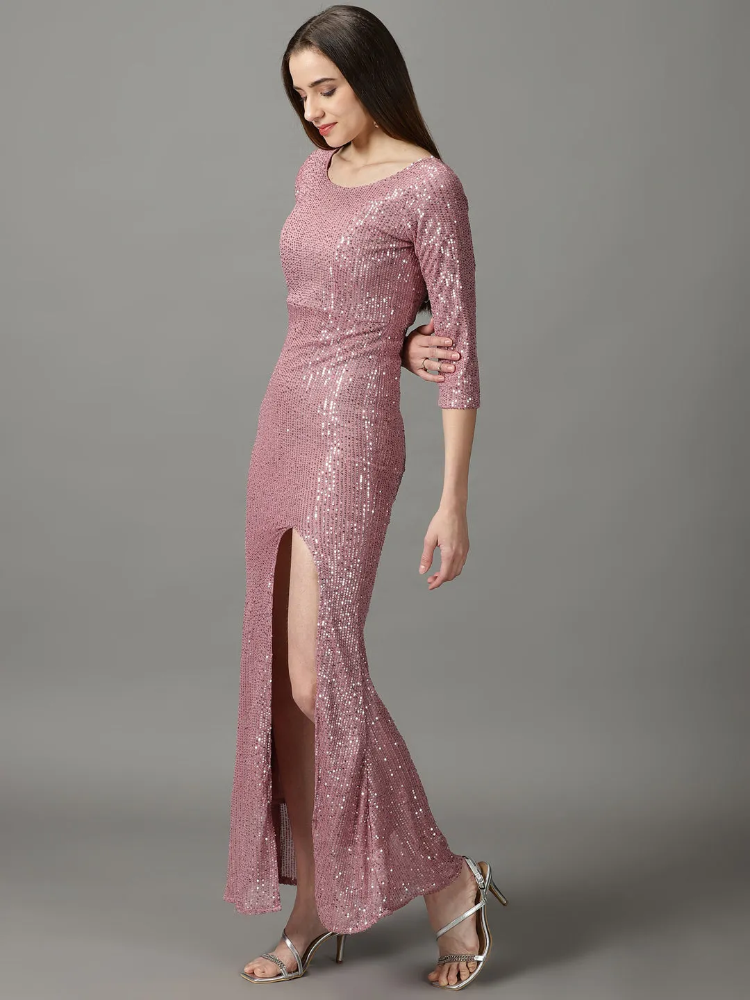 Women's Pink Embellished Sheath Midi Dress Light Base Fresh Appeal