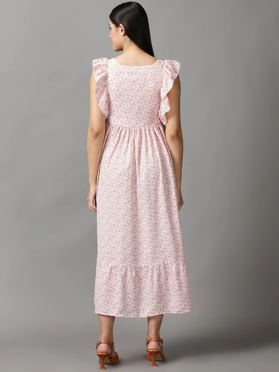 Knit Warm Women's Pink Floral Chiffon Fit & Flare Dress