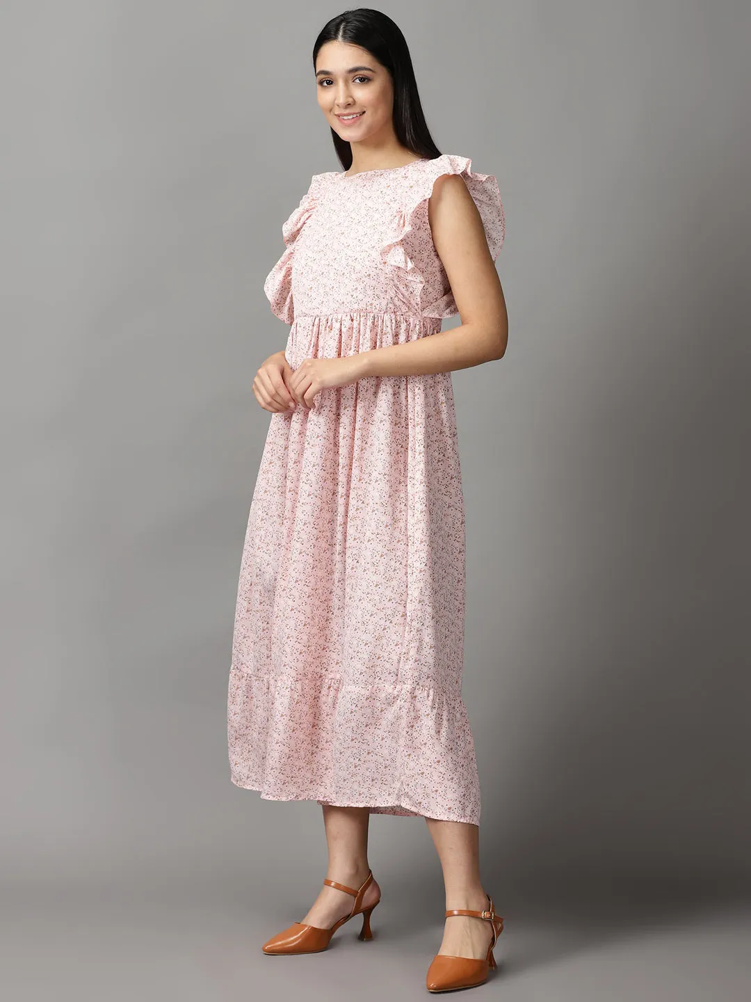 Women's Pink Floral Chiffon Fit & Flare Dress Fashion-Forward Fit understated look