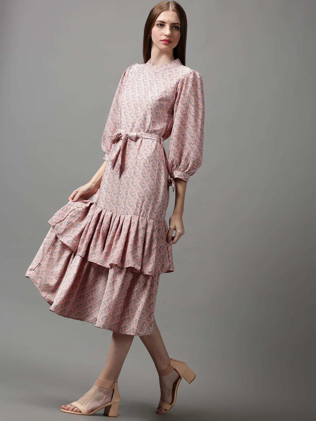 Padded-Bust Minimal Detail Women's Pink Floral Crepe A-Line Midi Dress