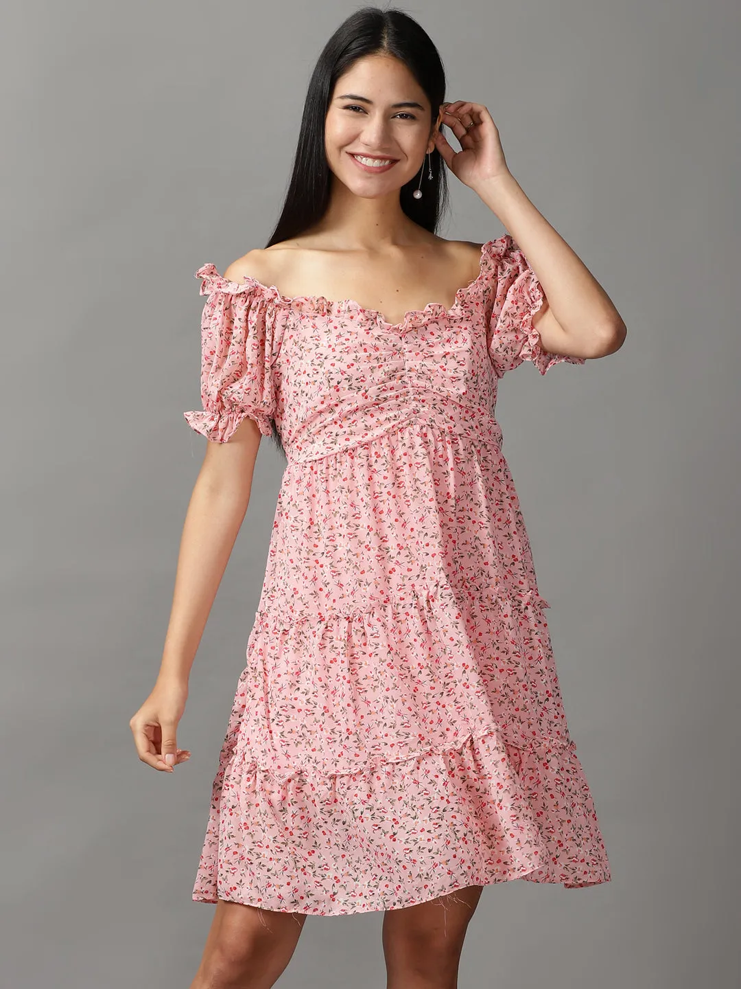 Artistic Vibe Easy Match Women's Pink Floral Off-Shoulder Layered Empire Dress