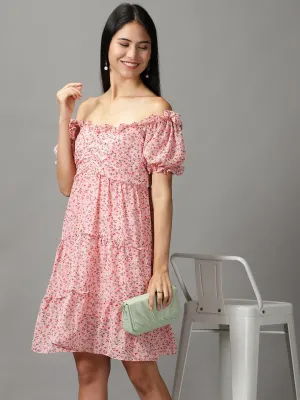 Women's Pink Floral Off-Shoulder Layered Empire Dress Vintage feel Linen Chic