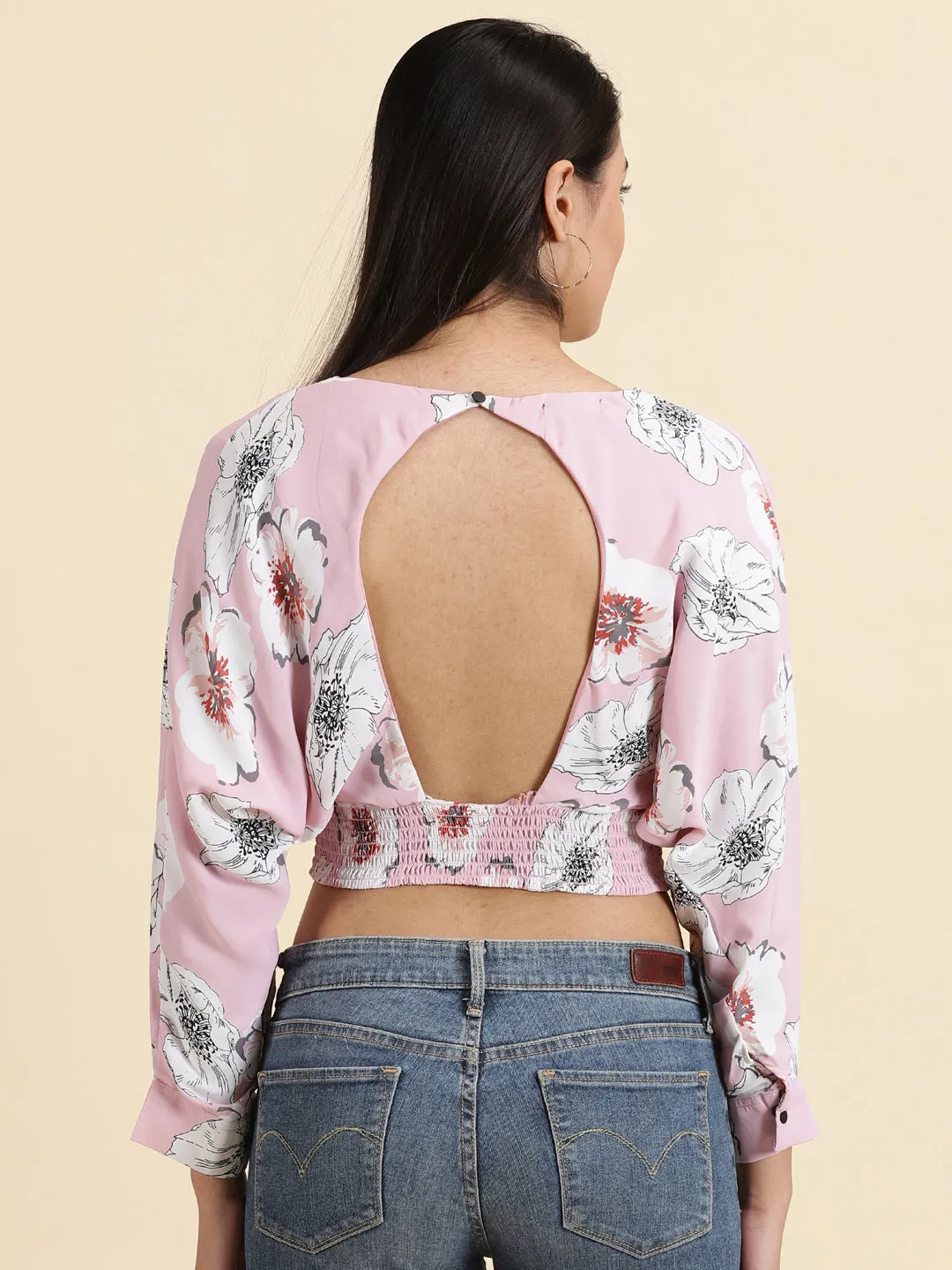 Basic Top Women's Pink Floral Print Extended Sleeves Crepe Crop Top