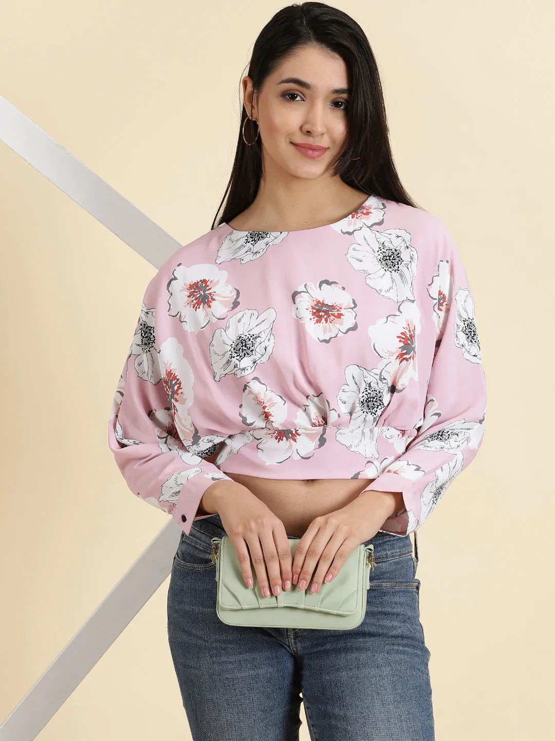 Women's Pink Floral Print Extended Sleeves Crepe Crop Top Essential Top