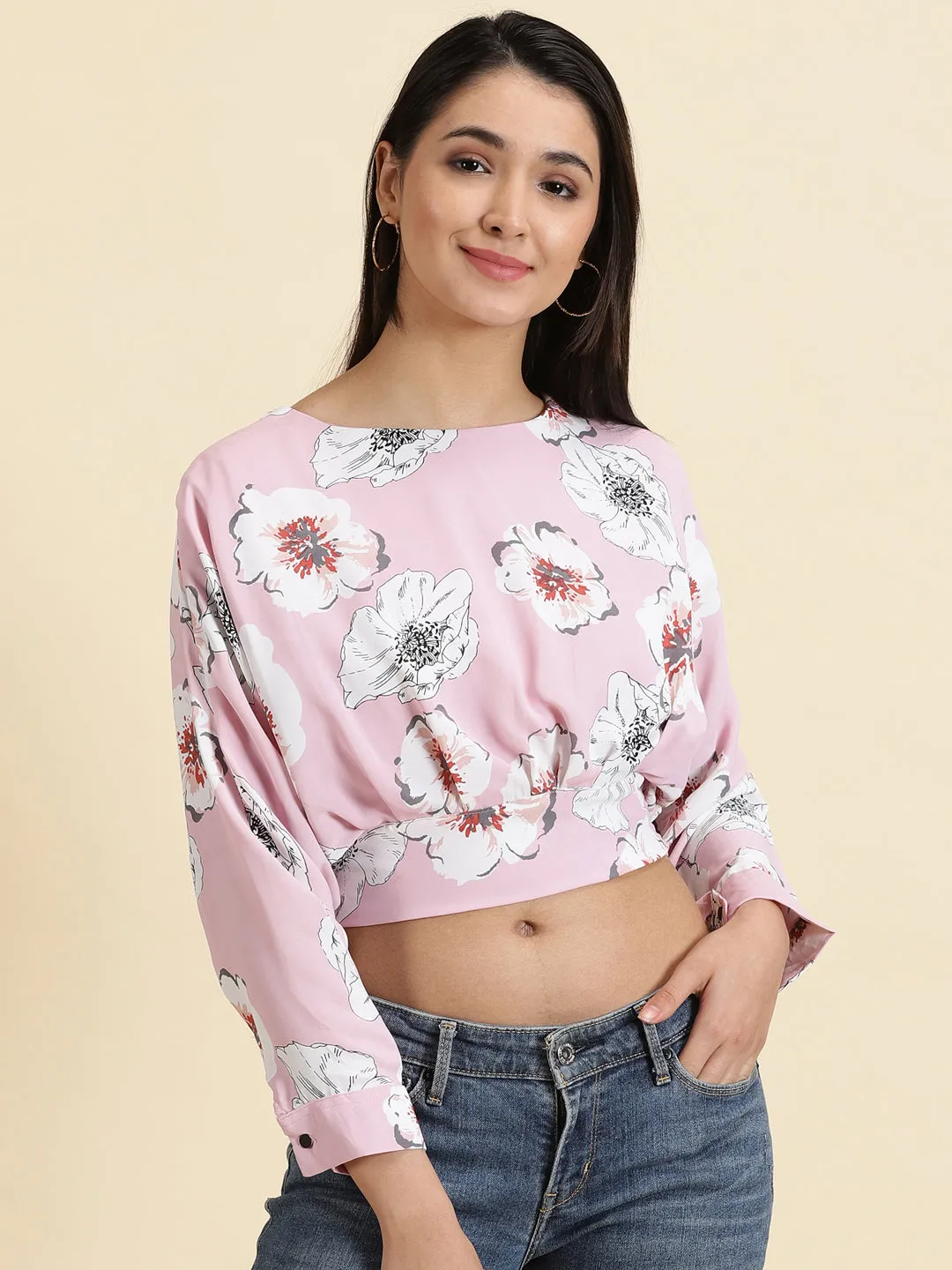Collared Playful Vibes Women's Pink Floral Print Extended Sleeves Crepe Crop Top
