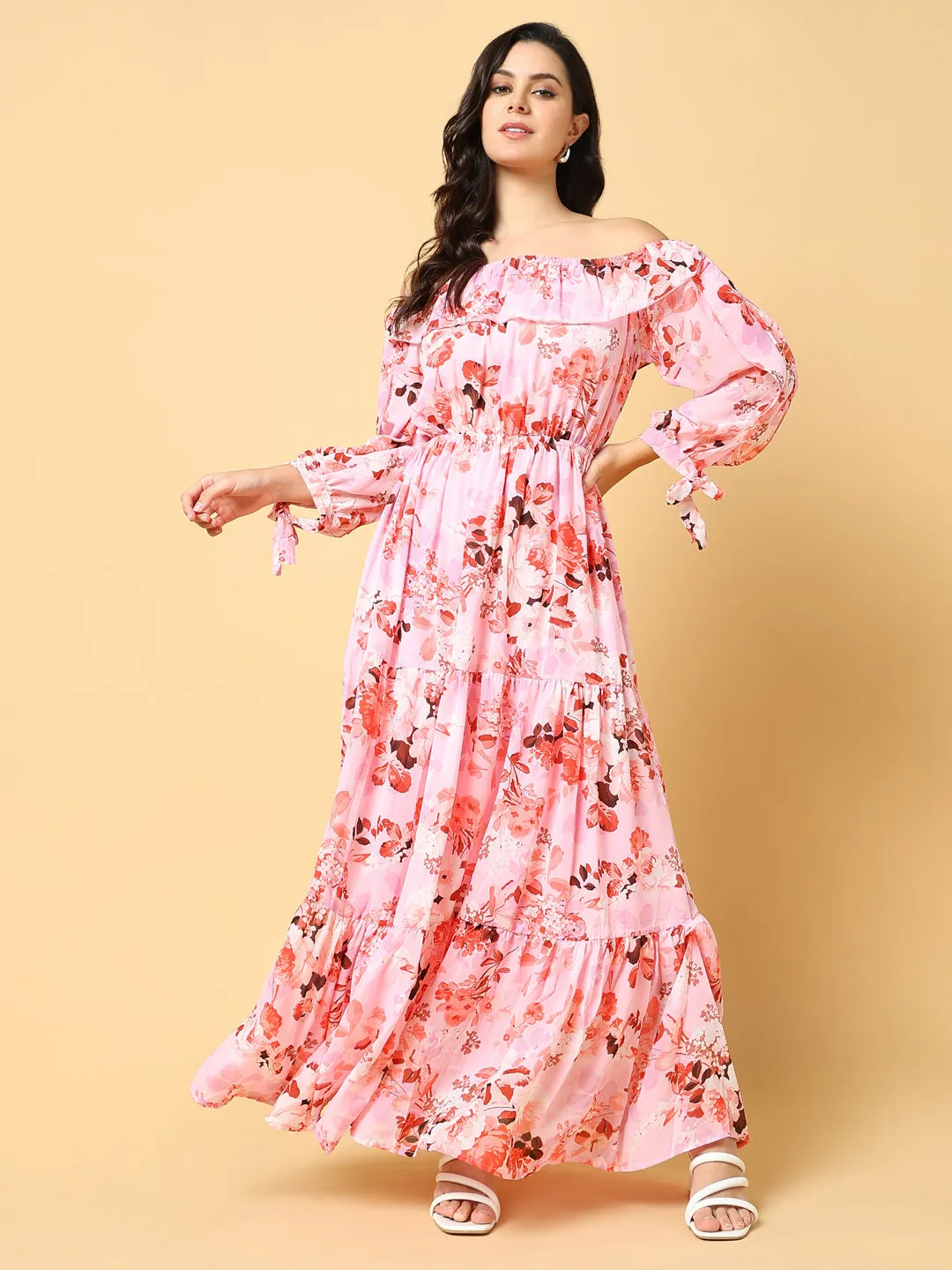 Women's Pink Floral Print Off-Shoulder Puff Sleeve Georgette Fit & Flare Maxi Dress Unisex Option Casual Pick