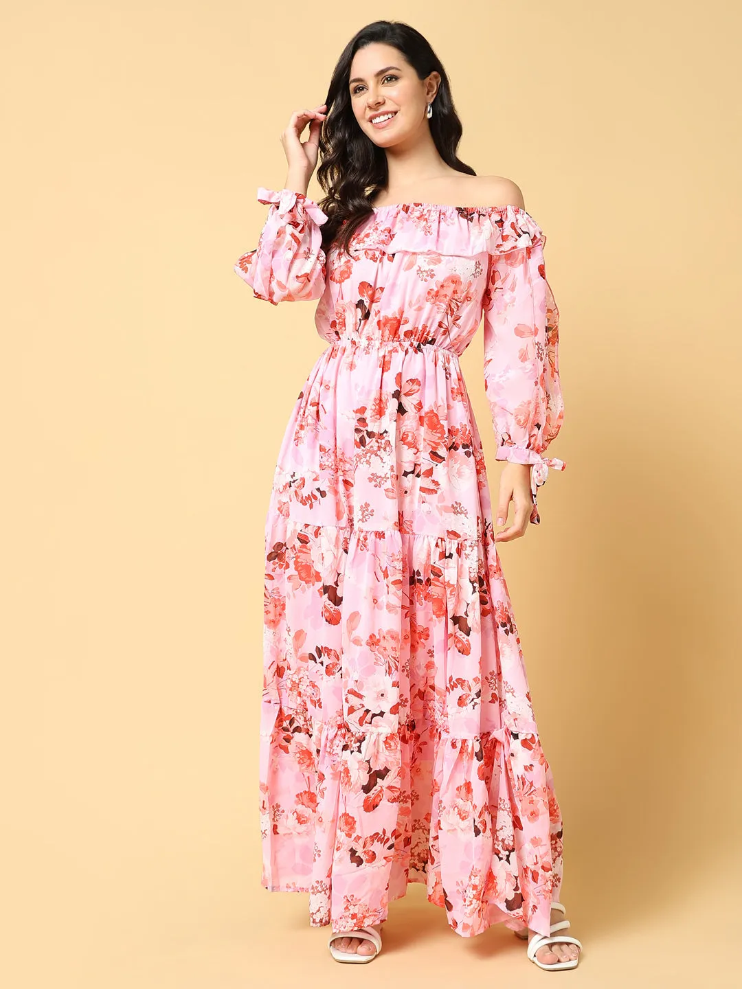 Perfect Style Wear Office Fit Women's Pink Floral Print Off-Shoulder Puff Sleeve Georgette Fit & Flare Maxi Dress