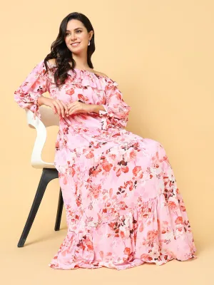 Soft Balance Cool Finish Women's Pink Floral Print Off-Shoulder Puff Sleeve Georgette Fit & Flare Maxi Dress