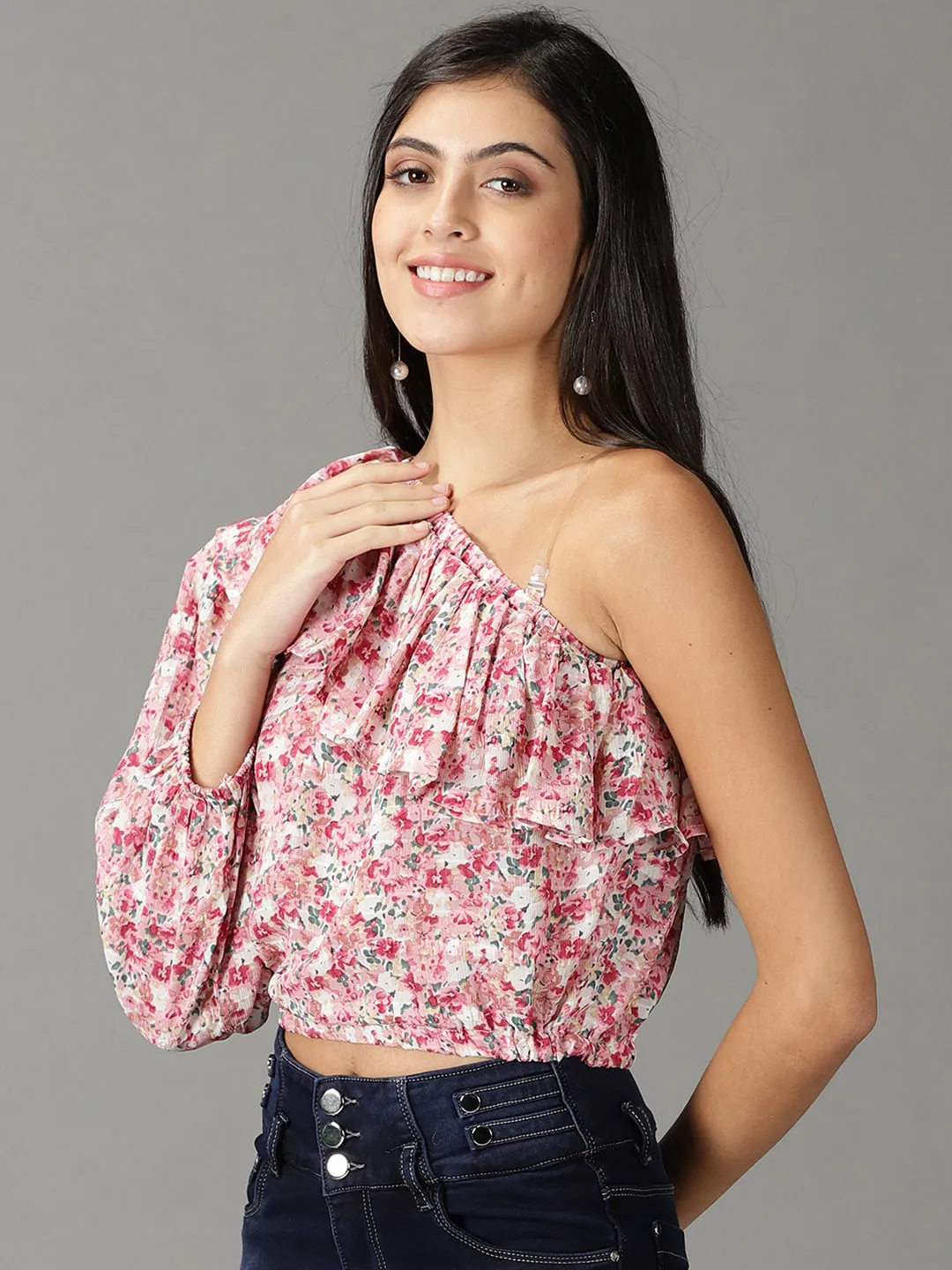 Women's Pink Floral Print One Shoulder Ruffles Chiffon Top Essential Layer